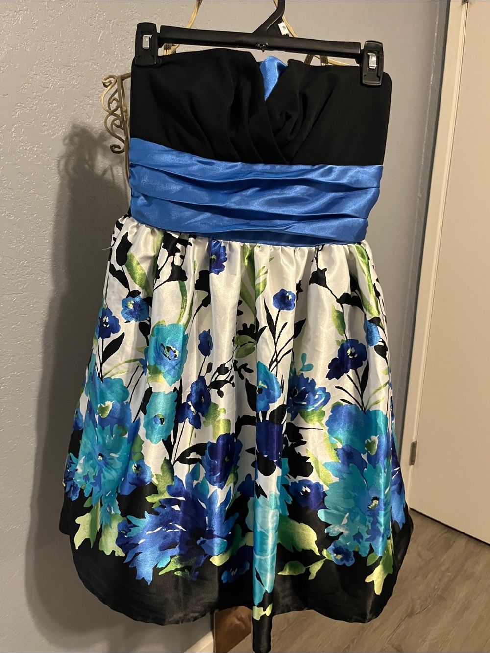 Trixxi Black Strapless Dress with Blue Satin Waist and Blue Floral Skirt
